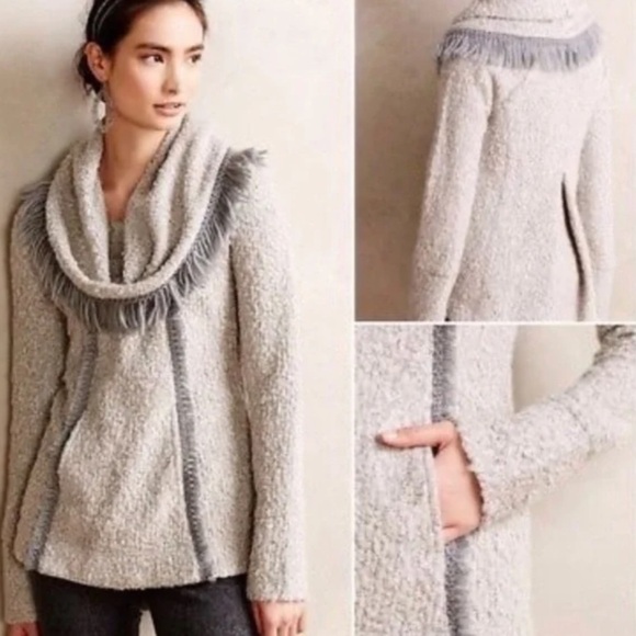 Anthropologie Angel of the North fringe cowl neck gray wool sweater size M - Picture 2 of 7